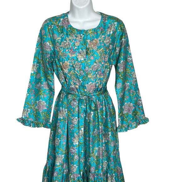 Leaves Of Grass Maxi Dress Sz 38 Medium Silk Hand Embroidered Ruffled Pockets - Picture 5 of 13